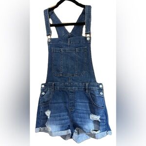 Denim overall ripped shorts Jorts stretch romper one piece